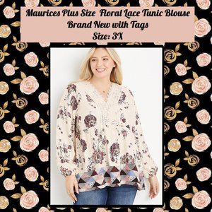 Maurices Plus Size Floral Lace Trim Tunic Blouse 3X